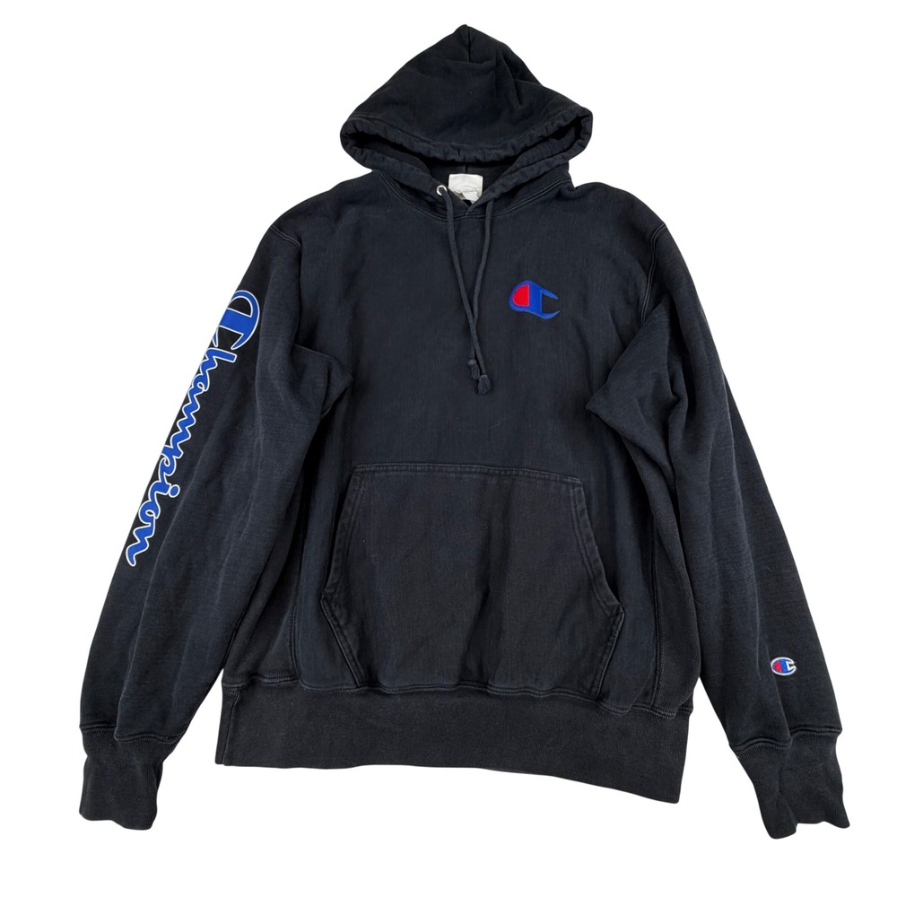 vintage Champion Reverse Weave Hoodie Men Large Black Pullover Script Logo C